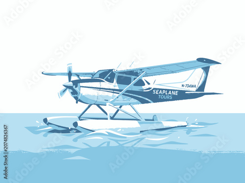 Seaplane Tours Aircraft Floating on Blue Water - Illustration