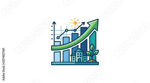 Green arrow graph with buildings rising.