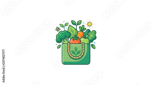Green shopping bag with vegetables.