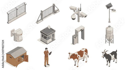 Cuadro en lienzo Collection of isometric security and farm elements including fences, cameras, gates, guard house, and animals like cows and goats