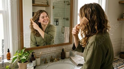 Young woman brushing her hair in front of bathroom mirror