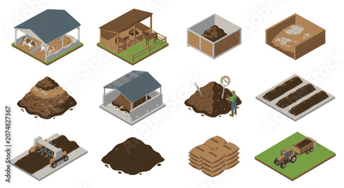 Cuadro en lienzo Isometric illustration showing the process of composting, from collection to finished product