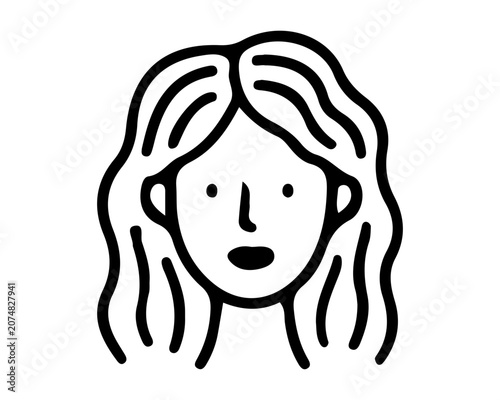 A simple line drawing of a womans face with long wavy hair