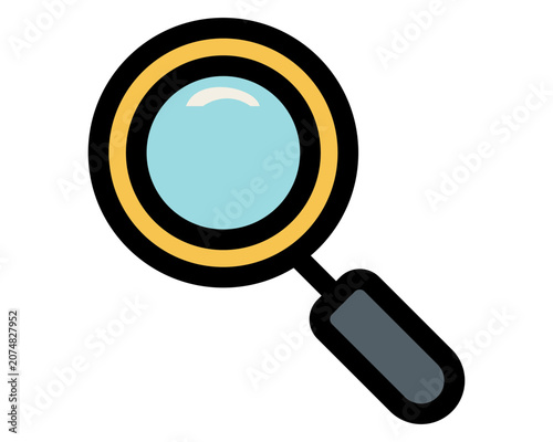 A cartoon magnifying glass with a light blue lens and yellow border