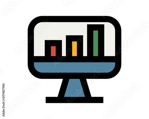 A colorful computer monitor displaying a bar graph on its screen