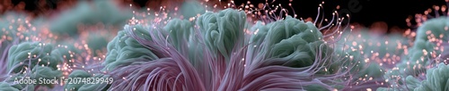 Macro view of glowing glass microchip where digital light pulses merge with organic fiber optic roots over sleek dark background.