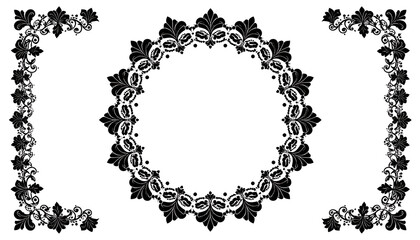 Set of decorative floral elements including a circular mandala and two rectangular corner frames, black on white background, ornate pattern design