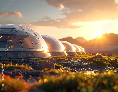 A futuristic landscape with a row of transparent domes