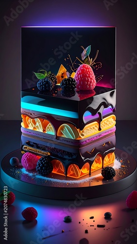 A futuristic multi-layered cake with colorful fruits and neon lights
