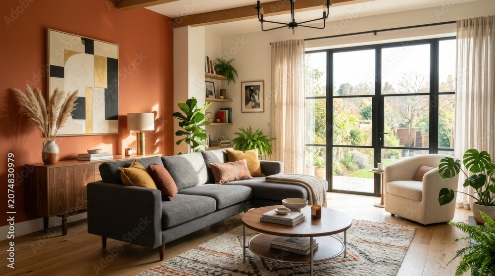 Fototapeta premium Cozy Living Room with Sectional Sofa and Large Window.