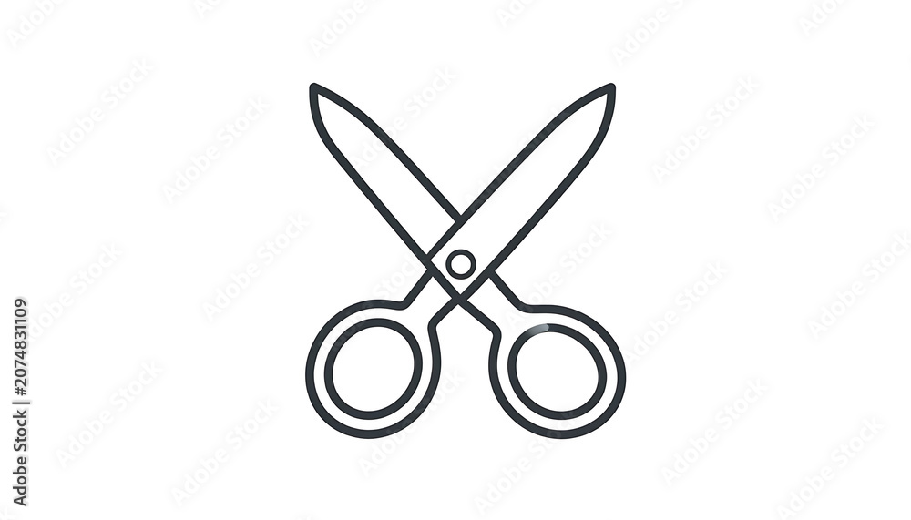 Fototapeta premium Simple line art outline of open scissors, a basic cutting tool icon, isolated on a white background