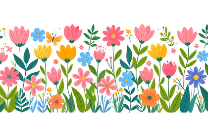 Seamless border pattern of diverse colorful spring flowers and green leaves with a small butterfly, vibrant floral design