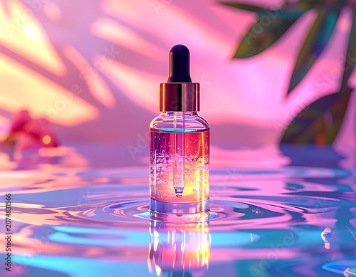 A serene glass dropper bottle floats on rippling water (1)