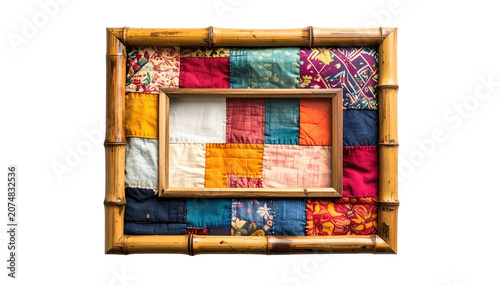 Bamboo frames patchwork squares in colorful, textured textile art