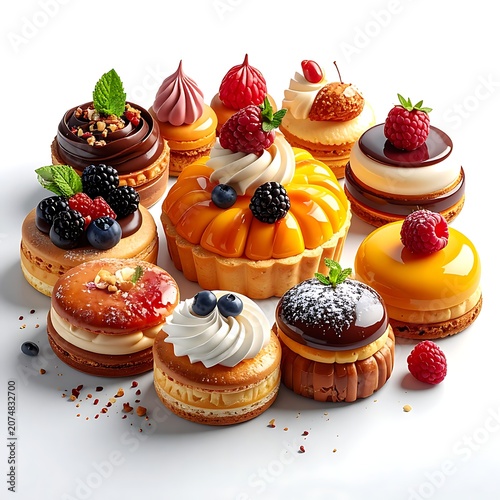 Assorted sweet pastries with fruits and cream toppings on a white background