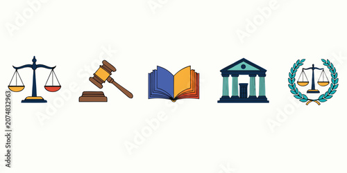 Schilderij op canvas Set of legal icons featuring scales of justice gavel open law book courthouse an