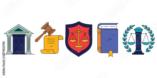 Cuadro en lienzo Legal professional icons showing courthouse gavel document shield book and justi
