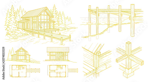Cuadro en lienzo Modern Wooden House Blueprint Design with Dock and Forest Landscape