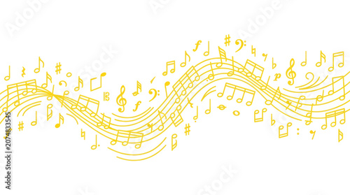 Bilde på lerret Flowing Musical Notes Wave - Abstract Yellow Music Sheet Background