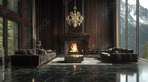 Luxury living room with fireplace and mountain view
