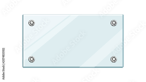 Fotografía Rectangular clear glass panel secured by four metal standoff fasteners