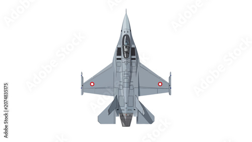 Topdown view of a gray jet fighter aircraft with red circular markings