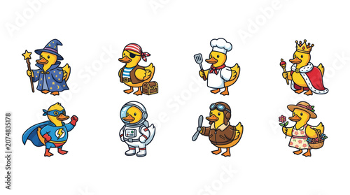 Cute Duck Characters Set: Wizard, Pirate, Chef, King, Superhero, Astronaut, Pilot, Gardener