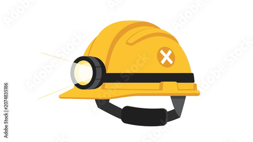 Obraz na plátně Yellow hard hat with a mounted headlamp emitting bright light