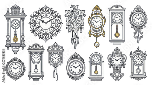 Valokuva Vintage Clocks Collection: Antique Timepieces and Cuckoo Designs