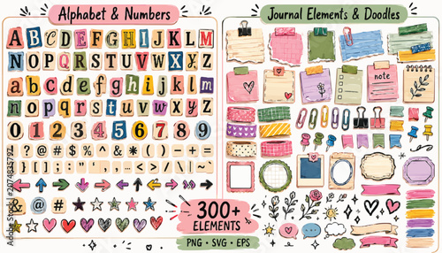 Bild auf Leinwand Hand drawn journal elements and doodles set, vintage alphabet and numbers collec