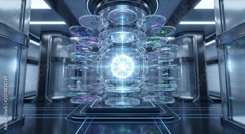 A futuristic data chamber with a glowing blue orb surrounded by levitating transparent disks and metallic walls