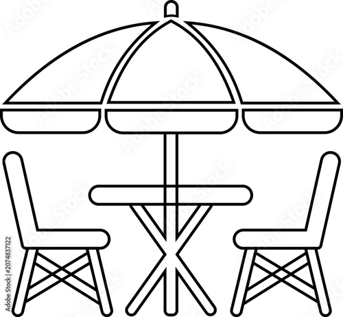 Outdoor patio furniture set outline icon with beach umbrella table and chairs for summer vacation and backyard resort relaxation design elements