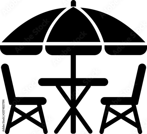 Outdoor patio furniture set silhouette icon with an umbrella, table, and chairs, perfect for outdoor resort and summer layouts