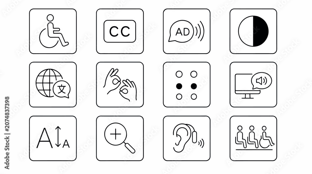Fototapeta premium Collection of accessibility icons representing various needs including mobility, hearing, vision,.