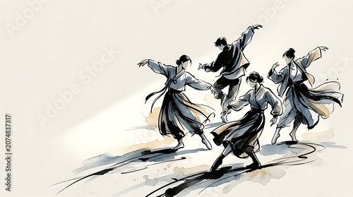 Dancers in traditional attire performing a graceful ink wash dance