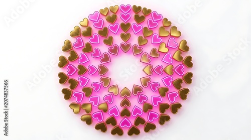 Circular pattern of gold and pink glowing hearts on white