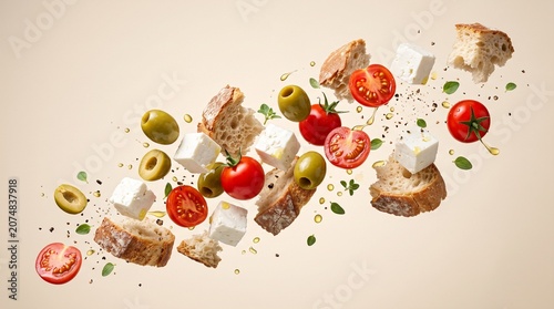 High-speed action shot of a clean food levitation. Cubes of white feta cheese, green olives, cherry tomatoes, and pieces of crusty bread frozen