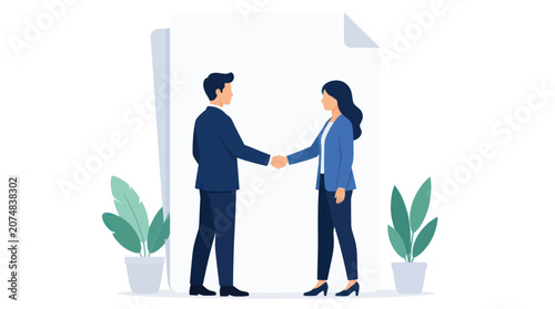 Two business professionals shaking hands in agreement with documents in the background