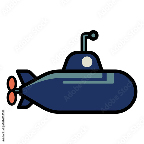 Flat vector illustration of a submarine with periscope and propeller