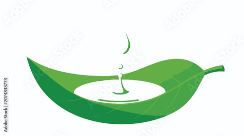 A single drop of liquid falls into a concave green leaf