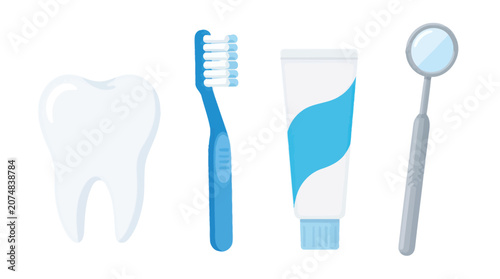 A tooth, toothbrush, toothpaste and dental mirror are displayed on a white background