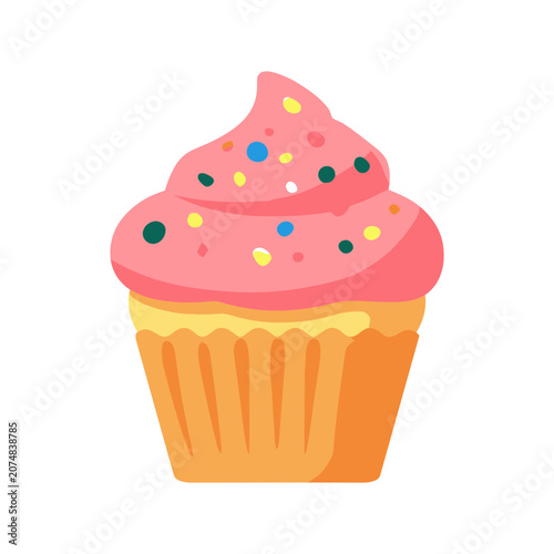 Pink cupcake with sprinkles flat vector illustration