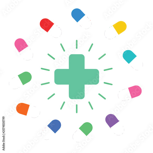A bright green plus symbol radiates light surrounded by colorful capsules on a white background