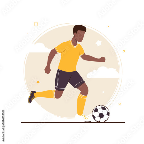 Soccer player kicking a ball in flat vector style