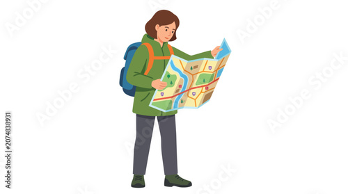 A person with a backpack is looking at a map while exploring