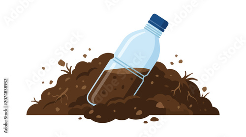 A plastic bottle filled with dark liquid is buried in the soil