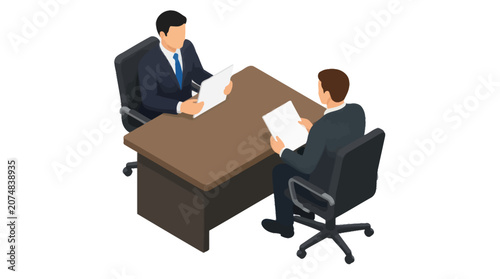 Two professionals in suits are seated at a desk discussing documents