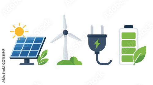 Renewable energy sources and storage icons on a white background