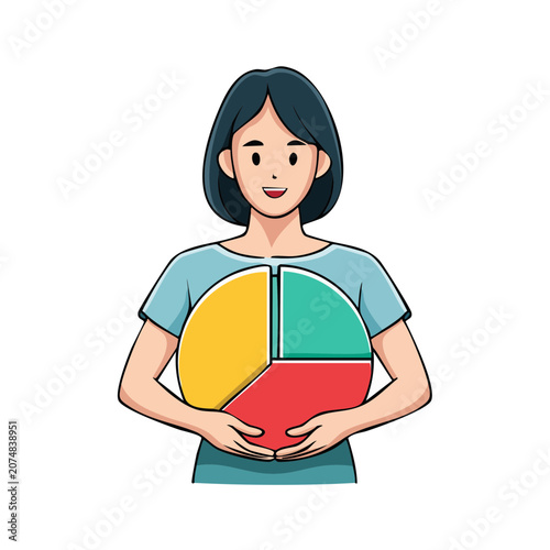 Woman holding colorful pie chart illustration