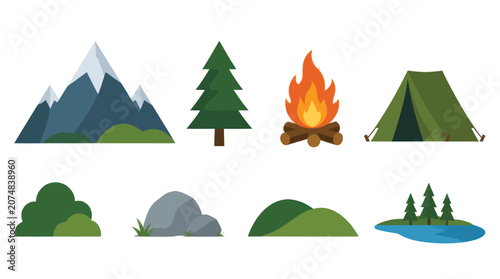 Outdoor adventure elements including mountains, trees, campfire and tent
